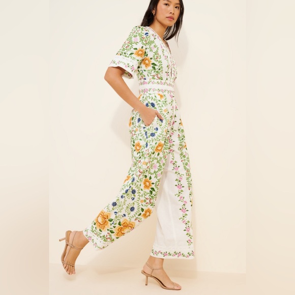 Farm Rio Anthropologie Folk Floral Linen Blend Short Sleeve Jumpsuit Medium - Picture 6 of 8